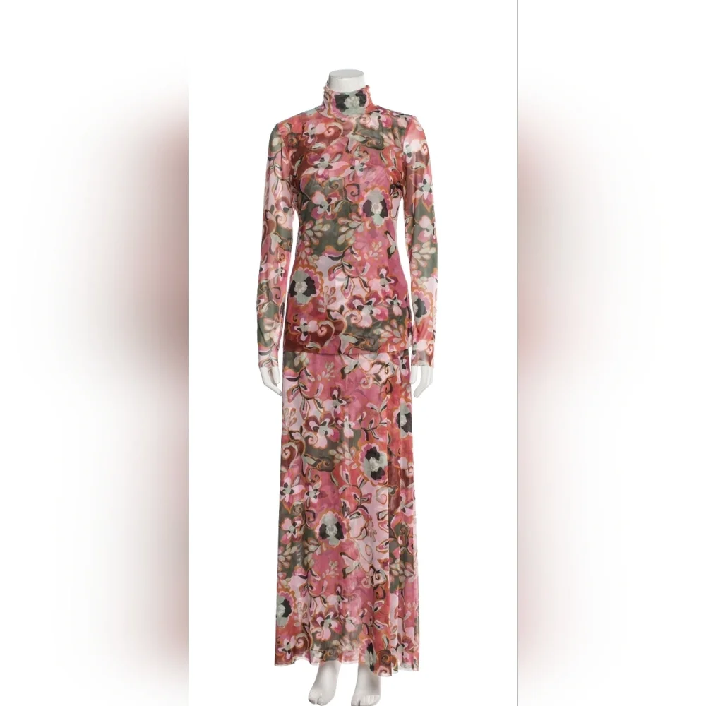 Misa Los Angeles Nadja Pink Floral Mesh Fitted Turtleneck Long Sleeve Blouse - Picture 5 of 12